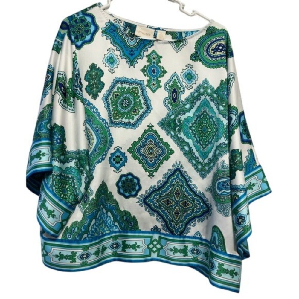 Chicos Womens Size 2 Green & Blue Geometric Print Poncho Style Top Polyester Ble